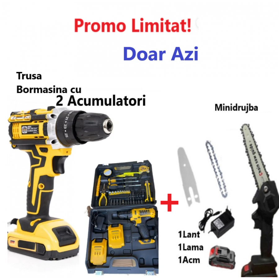 Super Oferta WOW-Trusa Bormasina, Masina de Gaurit si Insurubat cu 2 Acumulatori si Multiple Accesorii + Mini Drujba Fierastrau Complet Echipata cu Acumulator, Lama, Lant si Incarcator Super Oferta WOW-Trusa Bormasina, Masina de Gaurit si Insurubat cu 2 Acumulatori si Multiple Accesorii + Mini Drujba Fierastrau Complet Echipata cu Acumulator, Lama, Lant si Incarcator