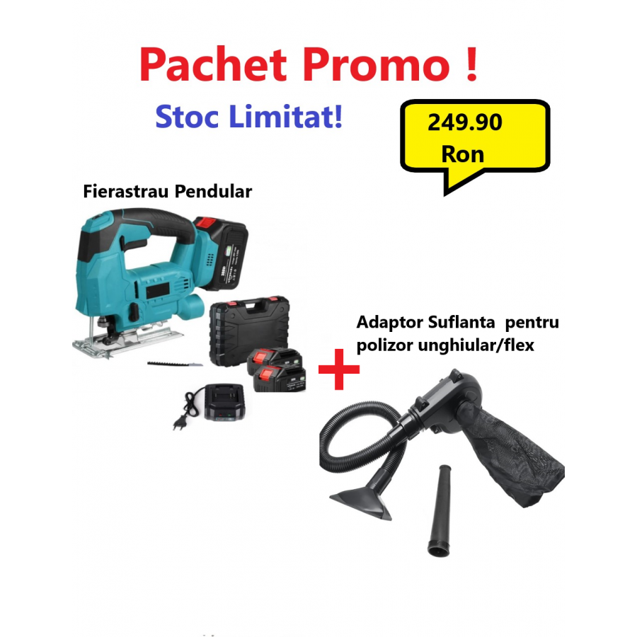 Oferta Promo - Fierastrau Pendular cu Acumulator, 18V, 3000mAh, Pentru Lemn + Adaptor Suflanta 2 in 1, Deytos, pentru polizor unghiular/flex Oferta Promo - Fierastrau Pendular cu Acumulator, 18V, 3000mAh, Pentru Lemn + Adaptor Suflanta 2 in 1, Deytos, pentru polizor unghiular/flex