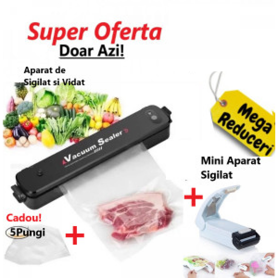 Oferta WOW!- Aparat De Sigilat Si Vidat Sealer, Electric, 220V + Mini Dispozitiv Portabil pentru Sigilat si Etansat Pungi + Cadou 5 Pungi Sigilat Oferta WOW!- Aparat De Sigilat Si Vidat Sealer, Electric, 220V + Mini Dispozitiv Portabil pentru Sigilat si Etansat Pungi + Cadou 5 Pungi Sigilat