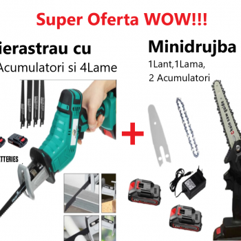 Oferta WOW!!!  Fierastrau Sabie Fără Fir, cu 2 Acumulatori  si 4 Lame Incluse + Mini Drujba  6 inch, Lama 15cm, cu 1Lant, 1Lama,  2Acumulatori Oferta WOW!!!  Fierastrau Sabie Fără Fir, cu 2 Acumulatori  si 4 Lame Incluse + Mini Drujba  6 inch, Lama 15cm, cu 1Lant, 1Lama,  2Acumulatori