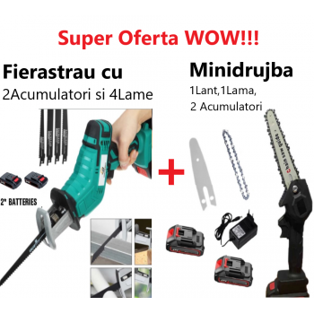 Oferta WOW!!!  Fierastrau Sabie Fără Fir, cu 2 Acumulatori  si 4 Lame Incluse + Mini Drujba  6 inch, Lama 15cm, cu 1Lant, 1Lama,  2Acumulatori