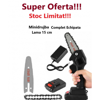 Mini Drujba Fierastrau, cu Lama 15 cm,  Complet Echipata cu Lama, Lant, Acumulator 