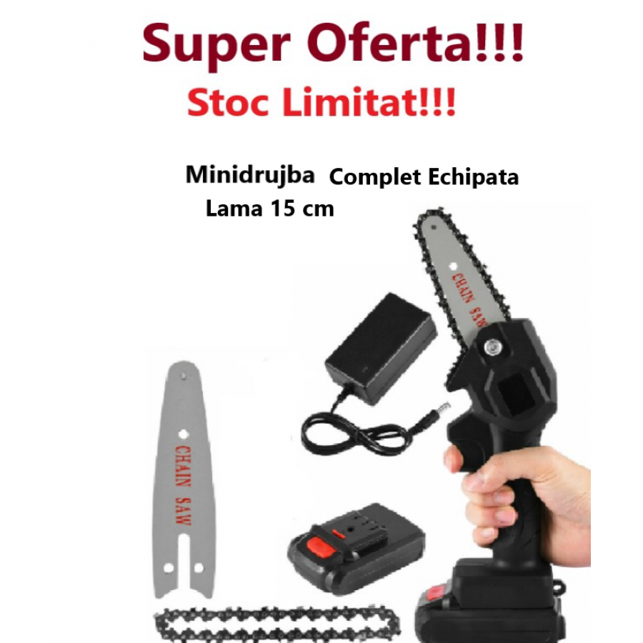 Mini Drujba Fierastrau, cu Lama 15 cm, Complet Echipata cu Lama, Lant, Acumulator Mini Drujba Fierastrau, cu Lama 15 cm, Complet Echipata cu Lama, Lant, Acumulator