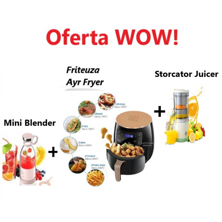 Oferta WOW !!! Friteuza cu aer cald Air Fryer, 2400W, Afisaj Digital + Storcator De Fructe Citrus Juicer + Mini Blender Portabil Oferta WOW !!! Friteuza cu aer cald Air Fryer, 2400W, Afisaj Digital + Storcator De Fructe Citrus Juicer + Mini Blender Portabil