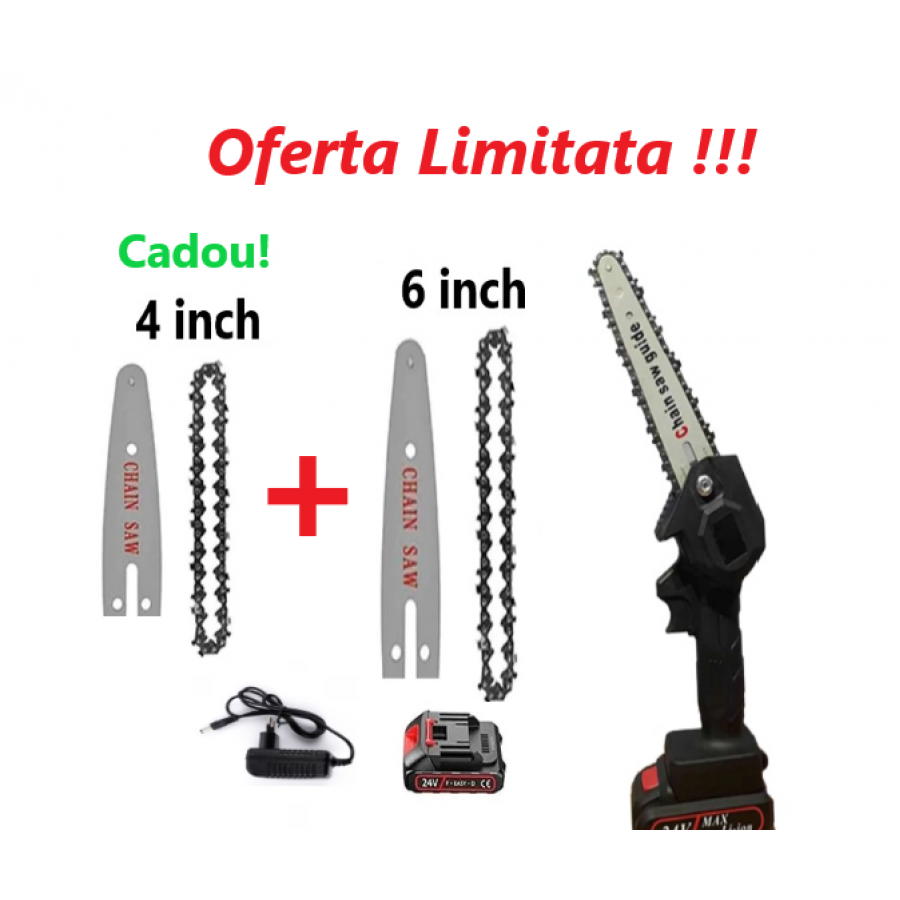 Oferta WOW- Mini Drujba cu Acumulator, cu 1Lant, 1Lama 6 inch + Cadou- 1Lant/ 1Lama 4 inch Oferta WOW- Mini Drujba cu Acumulator, cu 1Lant, 1Lama 6 inch + Cadou- 1Lant/ 1Lama 4 inch