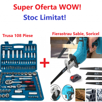 Oferta WOW- Trusa Chei Tubulare 108 piese + Fierăstrău Soricel Fără Fir cu 1 Acumulator si 4 Lame  Oferta WOW- Trusa Chei Tubulare 108 piese + Fierăstrău Soricel Fără Fir cu 1 Acumulator si 4 Lame