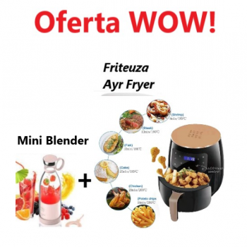 Oferta WOW !!! Friteuza cu aer cald Air Fryer, 2400W, Afisaj Digital +  Mini Blender Portabil