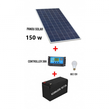 Kit Solar cu Panou Fotovoltaic 150W,Panou Solar Fotovoltaic, 150W, Dimensiune 1480 x 670 x 35 mm, 18 V, Controller 30A, Bec 12V si Acumulator 12V 7.2Ah,  WOW Kit Solar cu Panou Fotovoltaic 150W,Panou Solar Fotovoltaic, 150W, Dimensiune 1480 x 670 x 35 mm, 18 V, Controller 30A, Bec 12V si Acumulator 12V 7.2Ah,  WOW
