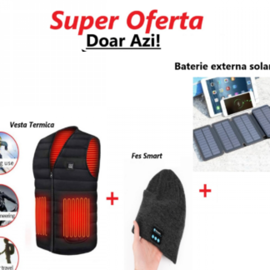 Pachet Promo- Vesta Termica Unisex Incalzita Electric prin usb + Fes, Caciula Unisex cu Casti Bluetooth + Baterie externa Solara 30000mAh