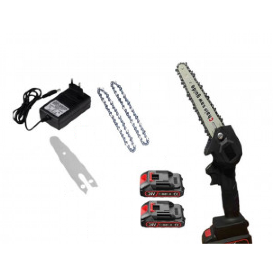 Mini Drujba Electrica de Mana, cu Lama 15 cm,  6 inch, cu 2 Lanturi, 1 Lama, 2 Acumulatori, 24 V, 5Ah