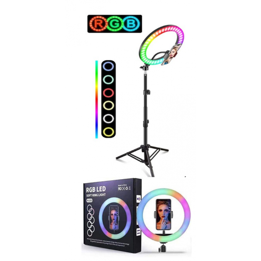 Lampa Circulara Profesionala MJ26, RGB LED Ring Light, diametru 26cm/10inch LED, conectare USB, 3 moduri de lumina alba, 9 trepte de lumina, 15 culori RGB, suport telefon, telecomanda, trepied 210cm Lampa Circulara Profesionala MJ26, RGB LED Ring Light, diametru 26cm/10inch LED, conectare USB, 3 moduri de lumina alba, 9 trepte de lumina, 15 culori RGB, suport telefon, telecomanda, trepied 210cm