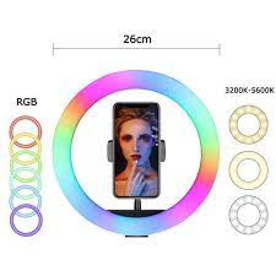 Lampa Circulara Profesionala MJ26, RGB LED Ring Light, diametru 26cm/10inch LED, conectare USB, 3 moduri de lumina alba, 9 trepte de lumina, 15 culori RGB, suport telefon, telecomanda, trepied 210cm Lampa Circulara Profesionala MJ26, RGB LED Ring Light, diametru 26cm/10inch LED, conectare USB, 3 moduri de lumina alba, 9 trepte de lumina, 15 culori RGB, suport telefon, telecomanda, trepied 210cm