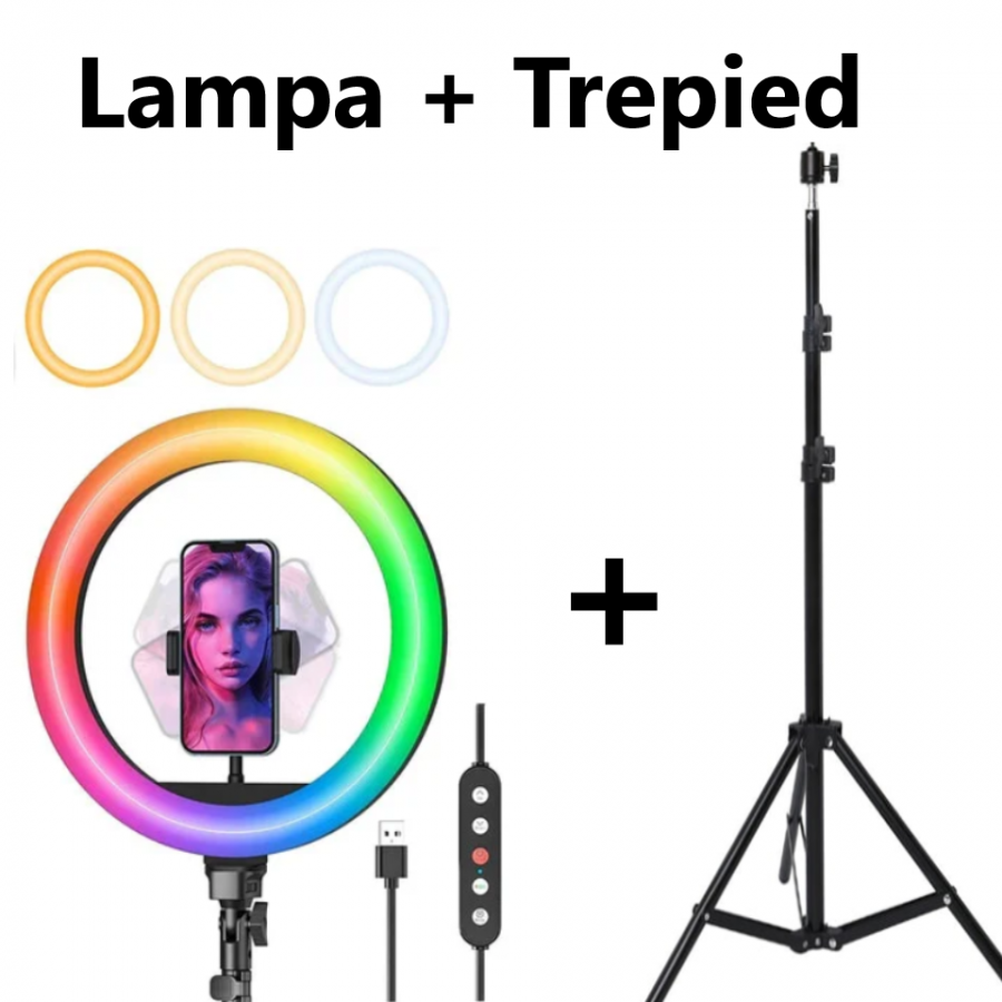 Lampa Circulara Profesionala MJ26, RGB LED Ring Light, diametru 26cm/10inch LED, conectare USB, 3 moduri de lumina alba, 9 trepte de lumina, 15 culori RGB, suport telefon, telecomanda, trepied 210cm Lampa Circulara Profesionala MJ26, RGB LED Ring Light, diametru 26cm/10inch LED, conectare USB, 3 moduri de lumina alba, 9 trepte de lumina, 15 culori RGB, suport telefon, telecomanda, trepied 210cm
