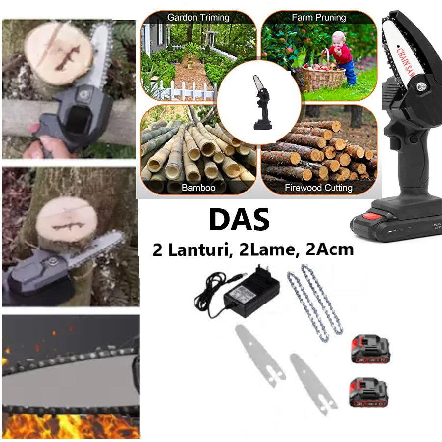 Mini Drujba Fierastrau DAS - cu 2 Lanturi, 2 Lame, 2 Acumulatori si Incarcator, Plus Geanta de Transport 24 V, 5Ah Mini Drujba Fierastrau DAS - cu 2 Lanturi, 2 Lame, 2 Acumulatori si Incarcator,, 24 V, 5Ah