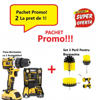 Super Oferta , 2 La pret de 1! Bormasina Electrica  2 Acumulatori, 12V, Set  Accesorii + Set 3 Perii de Curățat Pentru Bormașină