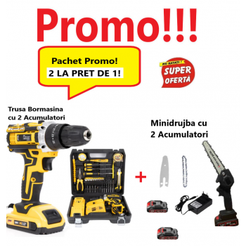 Super Oferta , 2 La pret de 1! Bormasina Electrica  2 Acumulatori, 12V, cu Set  Accesorii + Mini Drujba Fierastrau cu 2 Acumulatori,  cu lant si lama, complet echipata 