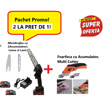 Super Oferta , 2 La pret de 1!Super Oferta !!! Mini Drujba Fierastrau cu 2Acumulatori, Lama si Lant + Foarfeca cu Acumulator, Multi Cutter