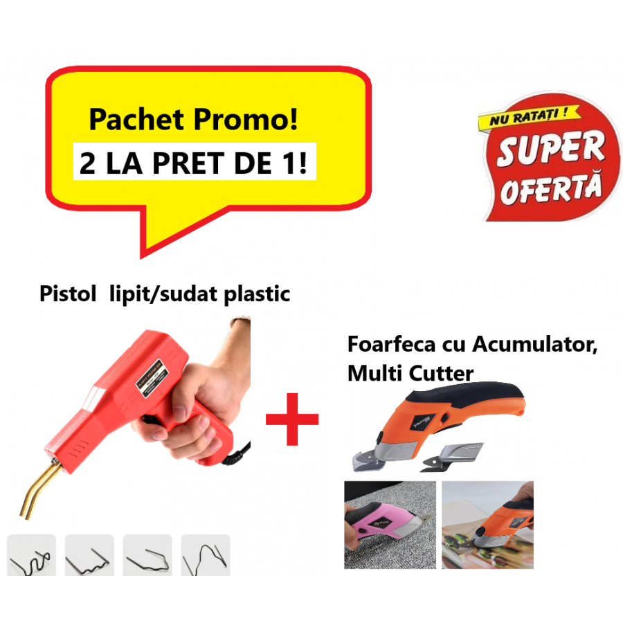 Pachet Promo, 2 La pret de 1! Pistol Profesional Pentru lipit/sudat plastic + Foarfeca cu Acumulator, Multi Cutter Pachet Promo, 2 La pret de 1! Pistol Profesional Pentru lipit/sudat plastic + Foarfeca cu Acumulator, Multi Cutter