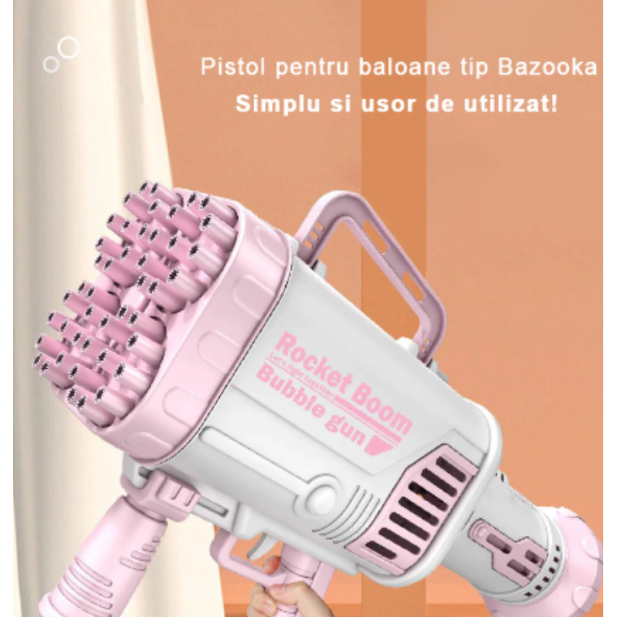 Pistol de facut baloane, tip Bazooka, cu baterii, 60 de Orificii, design compact, Roz, cod 0250 - Jucarii -wowreduceri.ro Pistol de facut baloane, tip Bazooka, cu baterii, 60 de Orificii, design compact, Roz, cod 0250 ( Jucarii )
