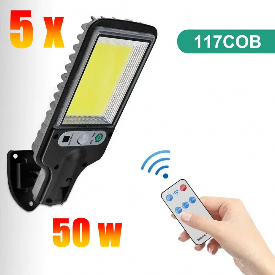 Set 5 x Lampi Solare de Perete cu 117 LED-uri COB, 3 Moduri de Functionare, Telecomanda, Senzor de Miscare si Lumina ( Lampi solare )