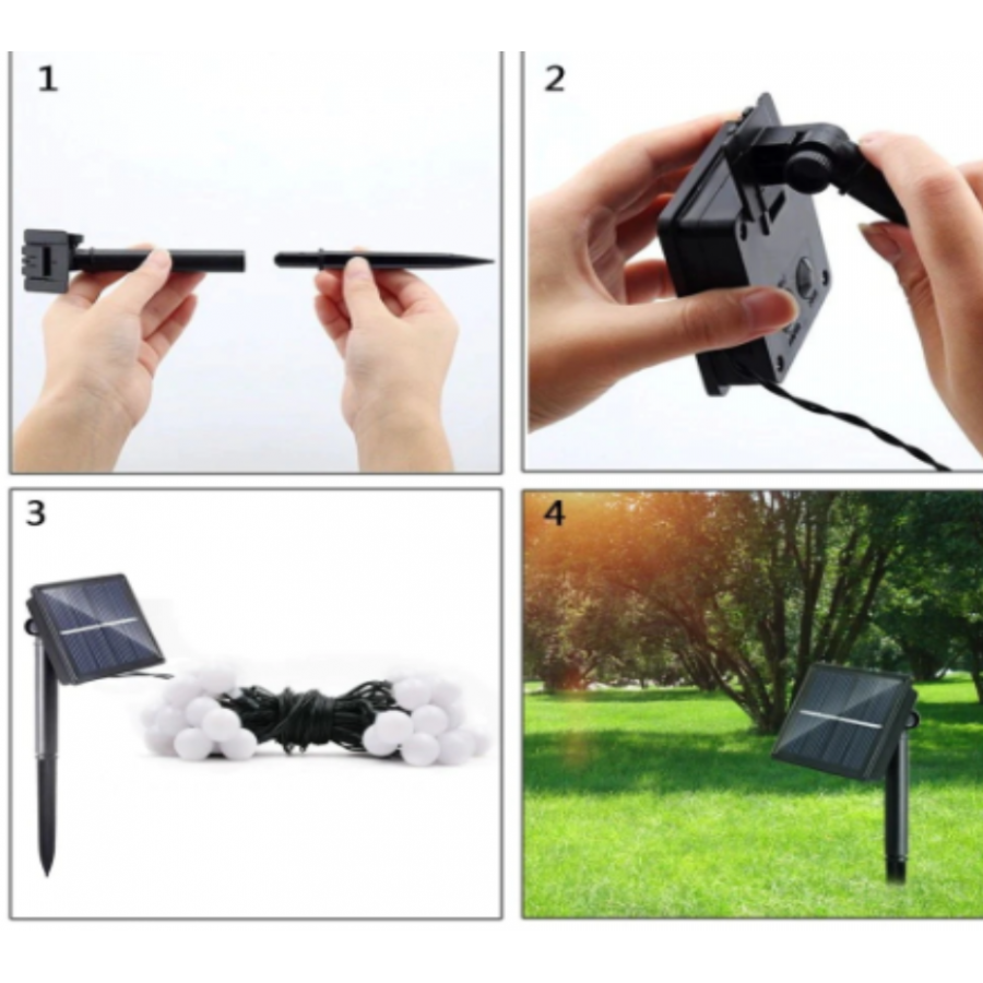 Instalatie solara cu  50 Globuri Alb Mat, Multicolora, 7 metri, 7 moduri iluminare ( Brazi )
