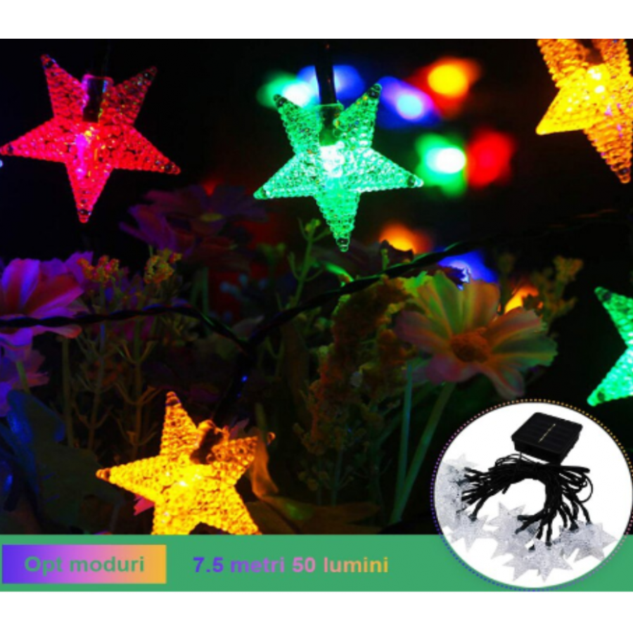 Instalatie Solara de exterior, cu 50 beculete LED, Model Stea cu cinci colturi, 7 metri, Multicolor - Brazi -wowreduceri.ro Instalatie Solara de exterior, cu 50 beculete LED, Model Stea cu cinci colturi, 7 metri, Multicolor ( Brazi )