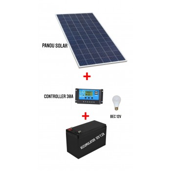 Kit solar cu panou fotovoltaic 100W controller 30A  bec 12V si  acumulator 12V 7.2A Cod 0240VMND Kit solar cu panou fotovoltaic 100W controller 30A  bec 12V si  acumulator 12V 7.2A Cod 0240VMND