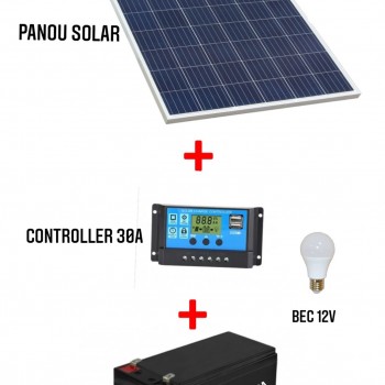 Kit solar cu panou fotovoltaic 100W controller 30A  bec 12V si  acumulator 12V 7.2A Cod 0240VMND Kit solar cu panou fotovoltaic 100W controller 30A  bec 12V si  acumulator 12V 7.2A Cod 0240VMND