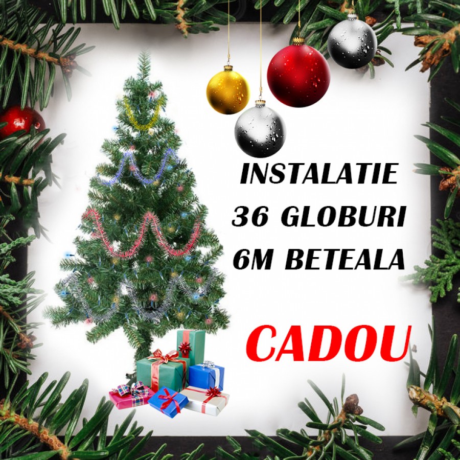 Brad artificial cu suport plastic, inaltime 60 cm + instalatie, 36 globuri si 6m beteala cadou ( Brazi )